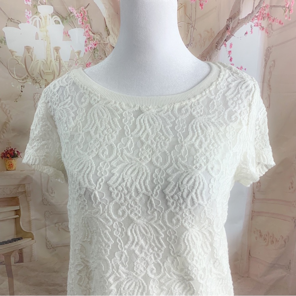 NEW T Tahari Crew Neck Lace Ivory Blouse - Picture 2 of 11
